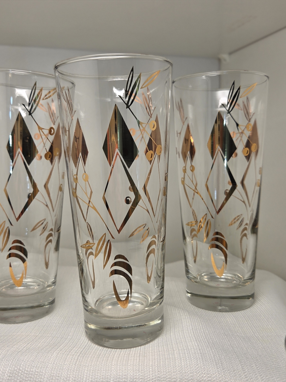 Pristine Vintage MCM Atomic Geometric Gold Highball Glasses - Set of 6  7" Tall